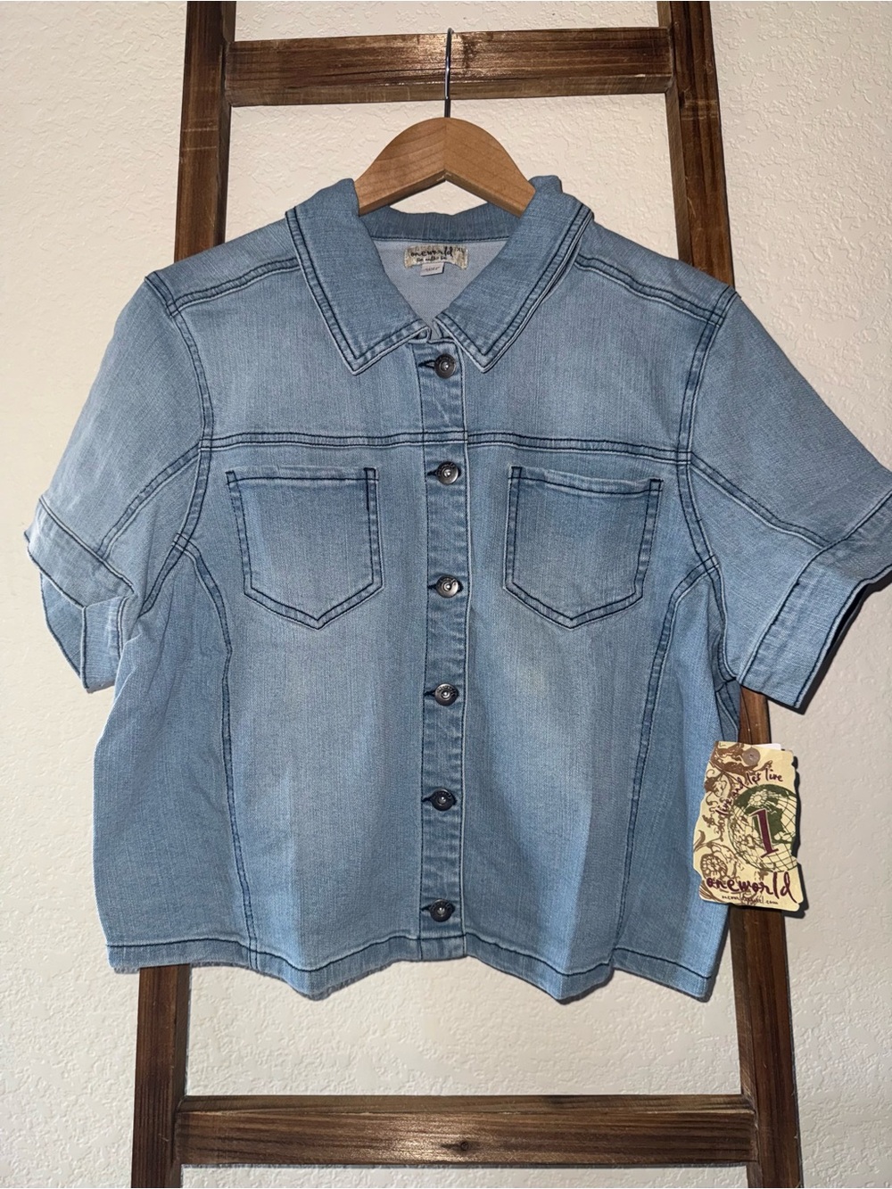 ONE WORLD Light Wash Denim Button Front Top NWT Size XL Y2K Western Cottagecore